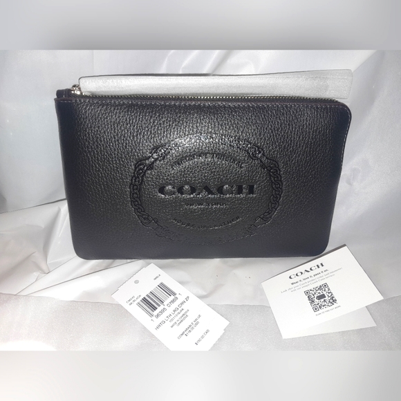 Coach Handbags - New COACH Large 7" Black Leather Heritage Wristlet (Holds Most Phones) NWT